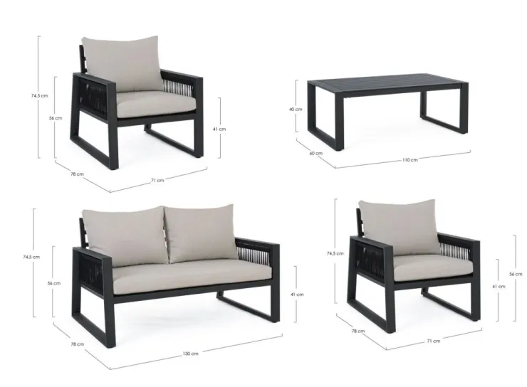 Salotti Completi>Bizzotto SALOTTO IN ALLUMINIO ANTRACITE LH32 - CAPTIVA