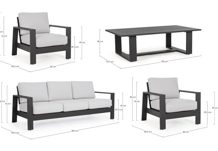 Salotti Completi>Bizzotto SALOTTO IN ALLUMINIO ANTRACITE YK13 - BALTIC