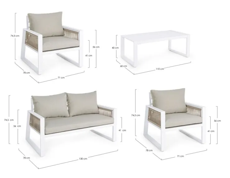 Salotti Completi>Bizzotto SALOTTO IN ALLUMINIO BIANCO LH30 - CAPTIVA